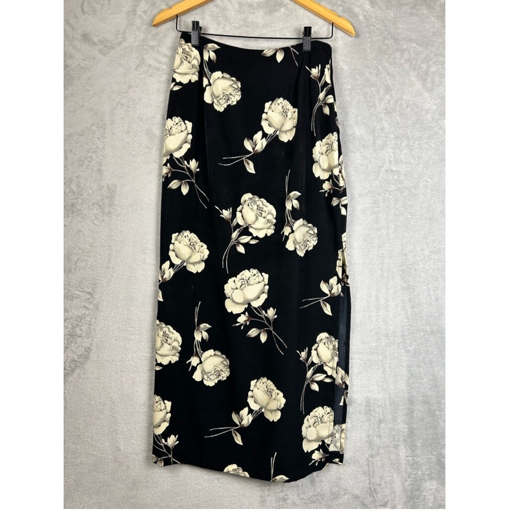 Black Floral Midi Skirt - Cream Rose Print